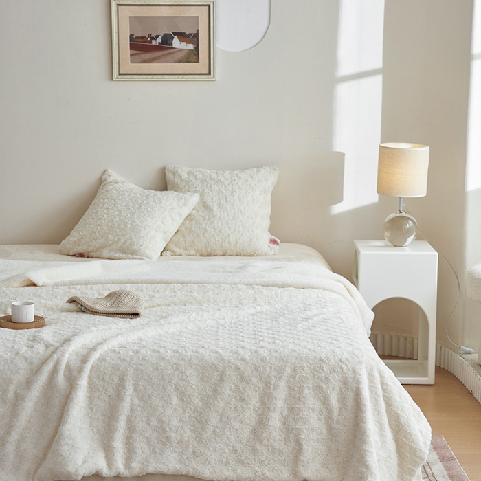 91家纺网 家纺一手货源 找家纺 秀色 2025新款A类冬季600g双面加厚保暖兔毛毯子午睡空调毯沙发毯盖毯-朵拉 朵拉－奶油白