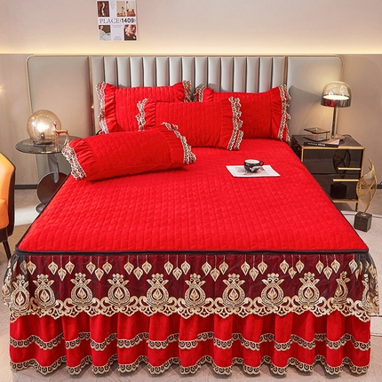 虹星家纺 2023新款牛奶绒夹棉蕾丝可拆卸床裙系列单床裙 梦幻巴黎 大红