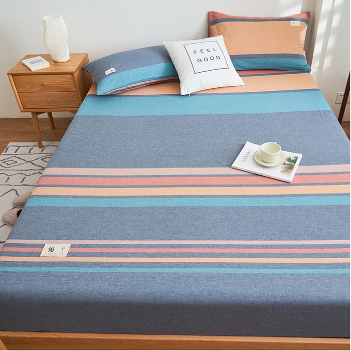 91家纺网 家纺一手货源 找家纺 21度C 2024新款色织全棉水洗棉床笠 兰陵彩条