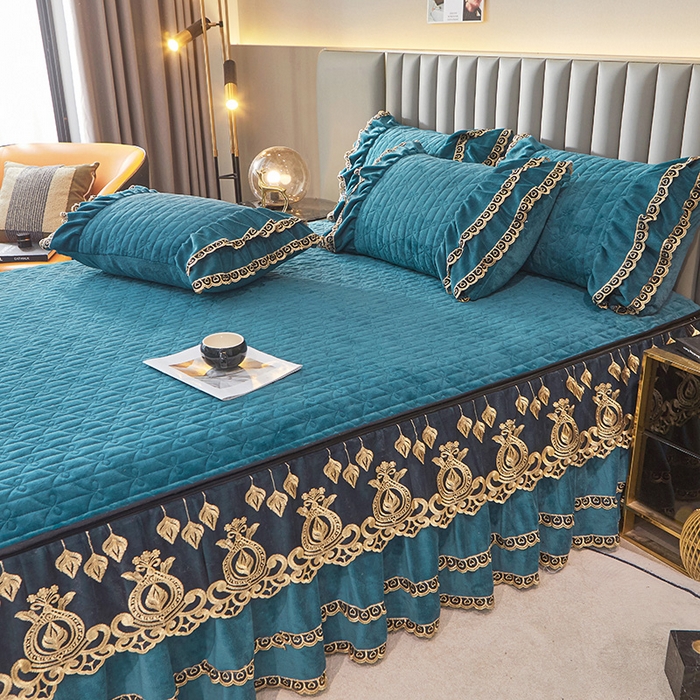 91家纺网 家纺一手货源 找家纺 虹星家纺 2023新款牛奶绒夹棉蕾丝可拆卸床裙系列单床裙 梦幻巴黎 海兰