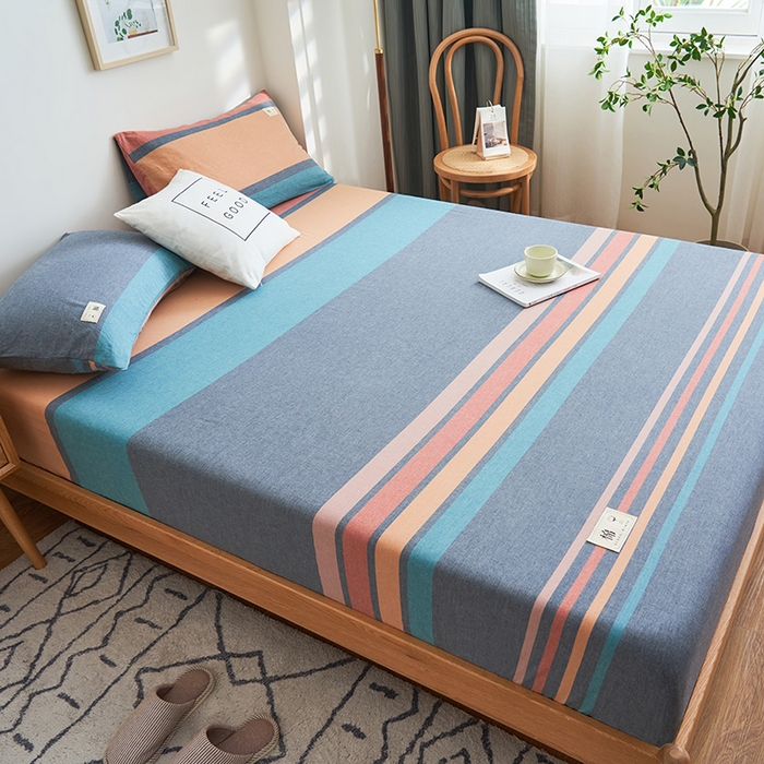 91家纺网 家纺一手货源 找家纺 21度C 2024新款色织全棉水洗棉床笠 兰陵彩条