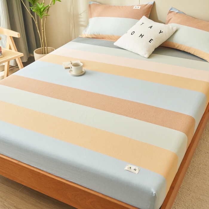 91家纺网 家纺一手货源 找家纺 21度C 2024新款色织全棉水洗棉床笠 七彩条