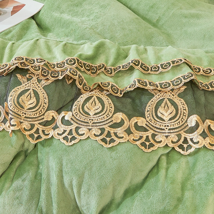 91家纺网 家纺一手货源 找家纺 虹星家纺 2023新款牛奶绒夹棉蕾丝可拆卸床裙系列四件套 梦幻巴黎 果绿