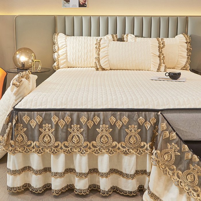 91家纺网 家纺一手货源 找家纺 虹星家纺 2023新款牛奶绒夹棉蕾丝可拆卸床裙系列四件套 梦幻巴黎 奶白