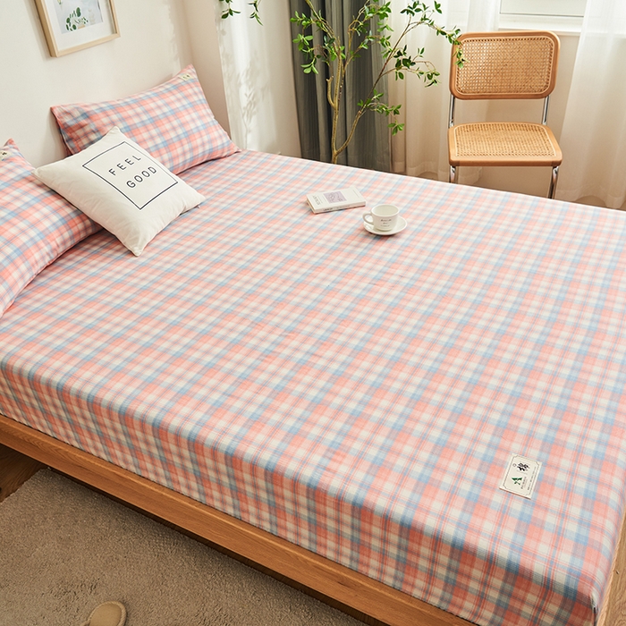 91家纺网 家纺一手货源 找家纺 21度C 2024新款色织全棉水洗棉床笠 七分格粉