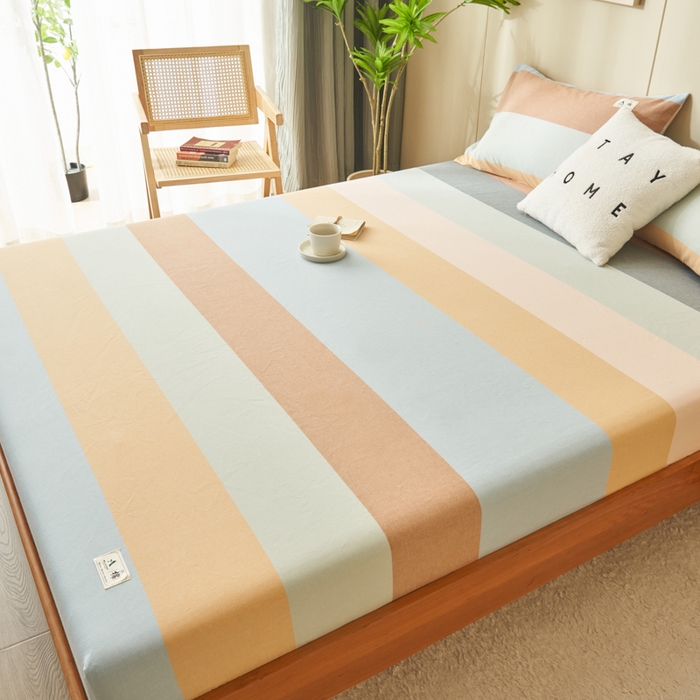 91家纺网 家纺一手货源 找家纺 21度C 2024新款色织全棉水洗棉床笠 七彩条