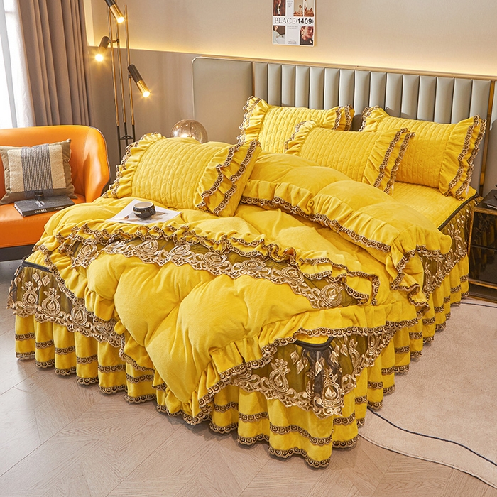 91家纺网 家纺一手货源 找家纺 虹星家纺 2023新款牛奶绒夹棉蕾丝可拆卸床裙系列四件套 梦幻巴黎 柠檬黄