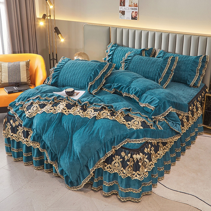 91家纺网 家纺一手货源 找家纺 虹星家纺 2023新款牛奶绒夹棉蕾丝可拆卸床裙系列四件套 梦幻巴黎 海兰