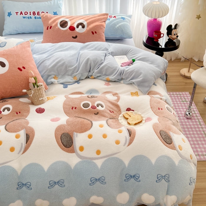 91家纺网 家纺一手货源 找家纺 顾里家纺 2023新款ins韩风∙立体牛奶雪花绒系列四件套 大眼熊