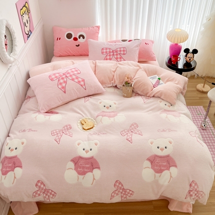 顾里家纺 2023新款ins韩风∙立体牛奶雪花绒系列四件套 少女小熊
