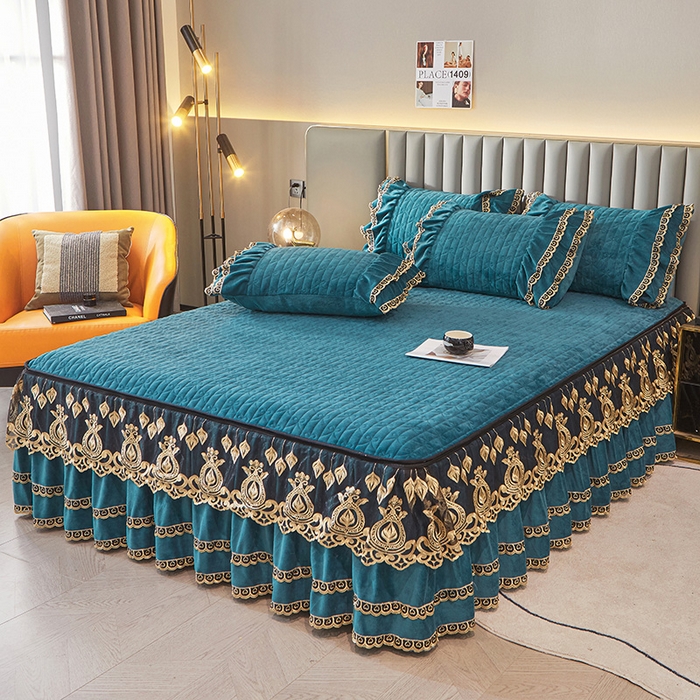 91家纺网 家纺一手货源 找家纺 虹星家纺 2023新款牛奶绒夹棉蕾丝可拆卸床裙系列单床裙 梦幻巴黎 海兰