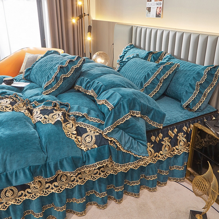 91家纺网 家纺一手货源 找家纺 虹星家纺 2023新款牛奶绒夹棉蕾丝可拆卸床裙系列四件套 梦幻巴黎 海兰