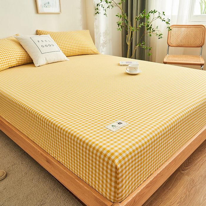 91家纺网 家纺一手货源 找家纺 21度C 2024新款色织全棉水洗棉床笠 浅黄小格