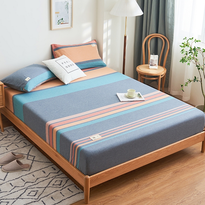 91家纺网 家纺一手货源 找家纺 21度C 2024新款色织全棉水洗棉床笠 兰陵彩条