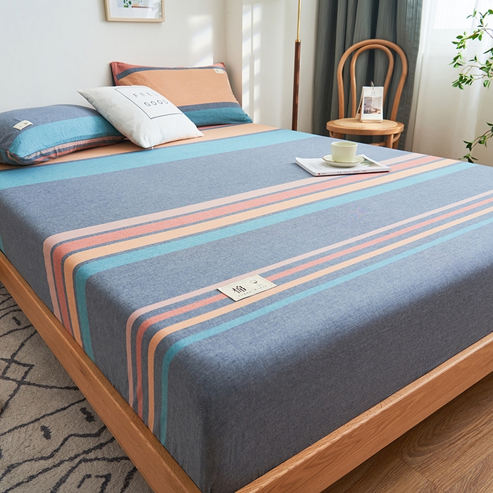 91家纺网 家纺一手货源 找家纺 21度C 2024新款色织全棉水洗棉床笠 兰陵彩条