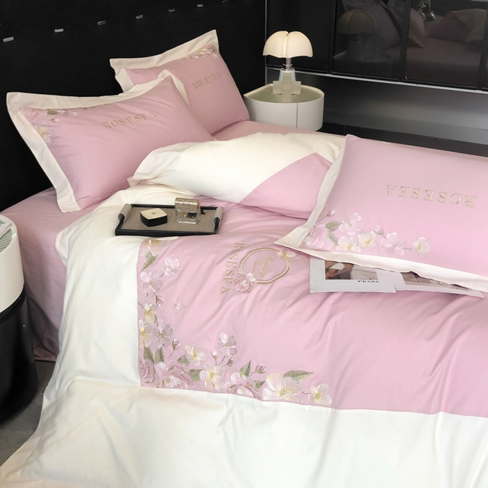 91家纺网 家纺一手货源 找家纺 安妮家居 2023新款舒适亲肤全棉磨毛刺绣四件套-妮莎 妮莎-雅粉