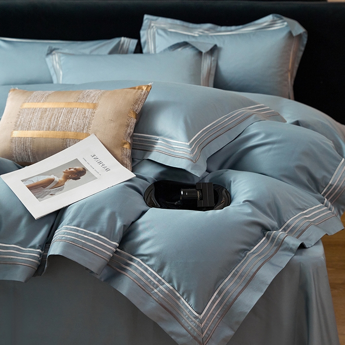 91家纺网 家纺一手货源 找家纺 安妮家居 2023新款全棉轻磨毛刺绣四件套-奥斯汀 蔚蓝