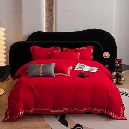 91家纺网 家纺一手货源 找家纺 安妮家居 2023新款全棉轻磨毛刺绣四件套-奥斯汀 富贵红