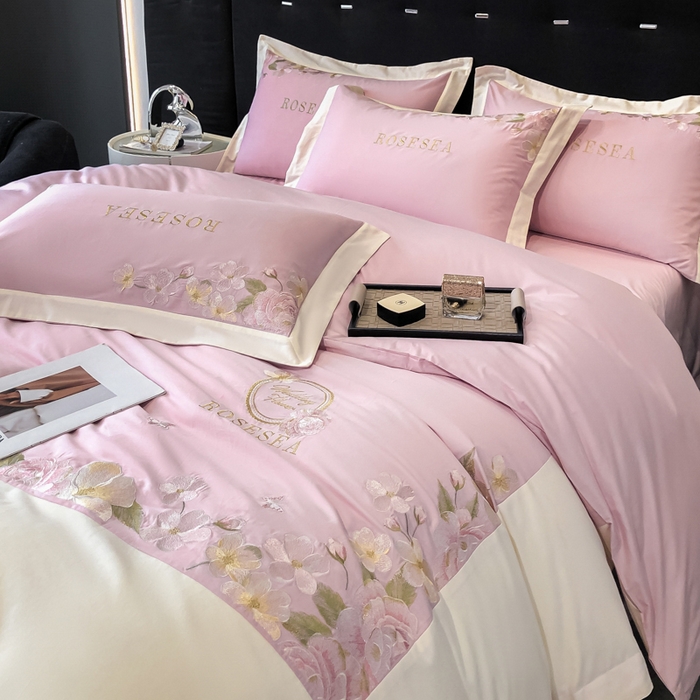 91家纺网 家纺一手货源 找家纺 安妮家居 2023新款舒适亲肤全棉磨毛刺绣四件套-妮莎 妮莎-雅粉