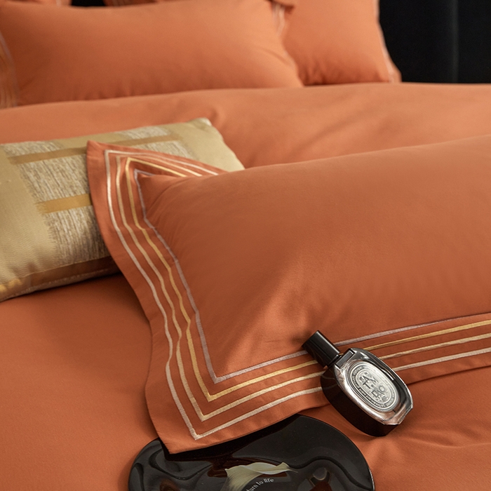 91家纺网 家纺一手货源 找家纺 安妮家居 2023新款全棉轻磨毛刺绣四件套-奥斯汀 爱玛橙