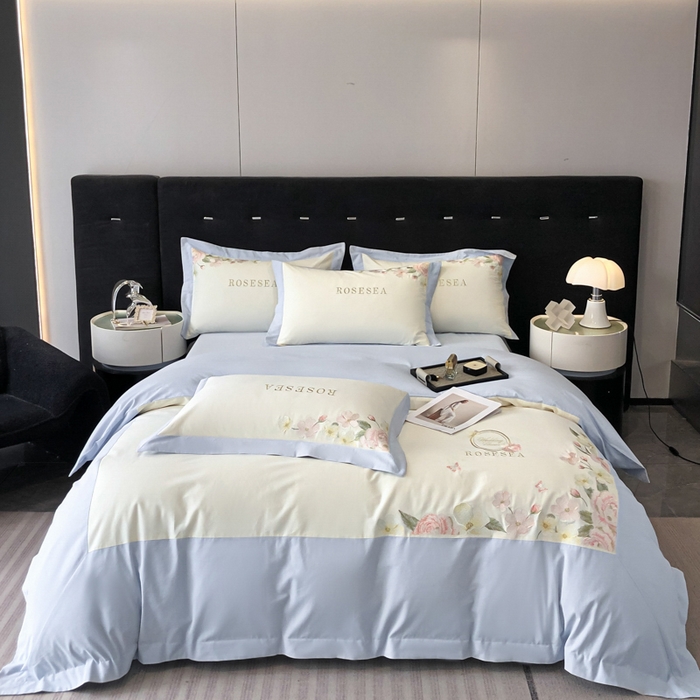 91家纺网 家纺一手货源 找家纺 安妮家居 2023新款舒适亲肤全棉磨毛刺绣四件套-妮莎 妮莎-雅蓝