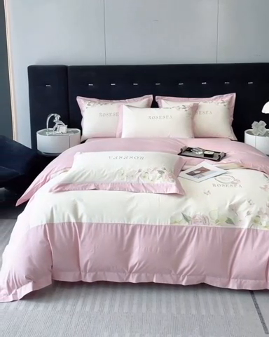 91家纺网 家纺一手货源 找家纺 安妮家居 2023新款舒适亲肤全棉磨毛刺绣四件套-妮莎 妮莎-奶白粉