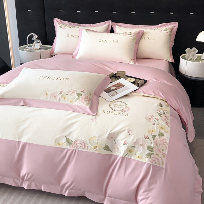 91家纺网 家纺一手货源 找家纺 安妮家居 2023新款舒适亲肤全棉磨毛刺绣四件套-妮莎 妮莎-奶白粉