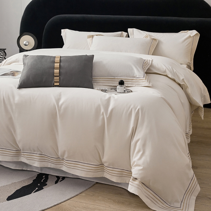 91家纺网 家纺一手货源 找家纺 安妮家居 2023新款全棉轻磨毛刺绣四件套-奥斯汀 奶昔白