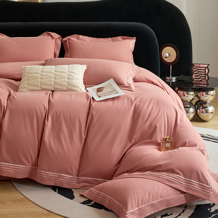 91家纺网 家纺一手货源 找家纺 安妮家居 2023新款全棉轻磨毛刺绣四件套-奥斯汀 豆沙粉