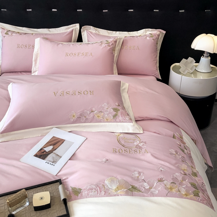 91家纺网 家纺一手货源 找家纺 安妮家居 2023新款舒适亲肤全棉磨毛刺绣四件套-妮莎 妮莎-雅粉