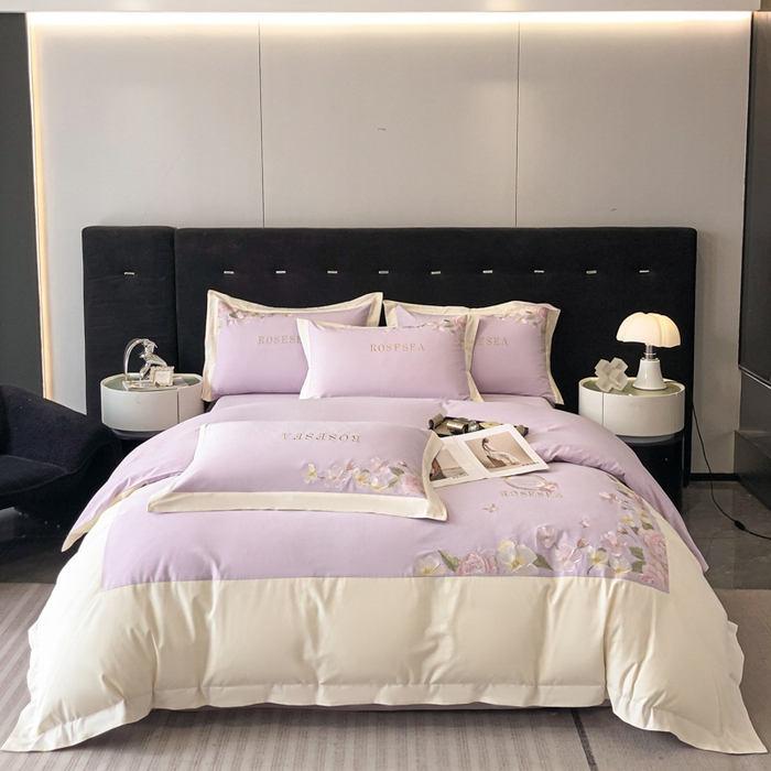 91家纺网 家纺一手货源 找家纺 安妮家居 2023新款舒适亲肤全棉磨毛刺绣四件套-妮莎 妮莎-雅紫