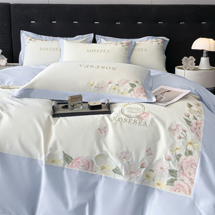 91家纺网 家纺一手货源 找家纺 安妮家居 2023新款舒适亲肤全棉磨毛刺绣四件套-妮莎 妮莎-雅蓝