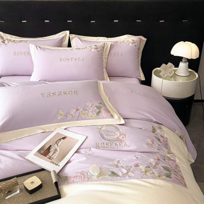 91家纺网 家纺一手货源 找家纺 安妮家居 2023新款舒适亲肤全棉磨毛刺绣四件套-妮莎 妮莎-雅紫