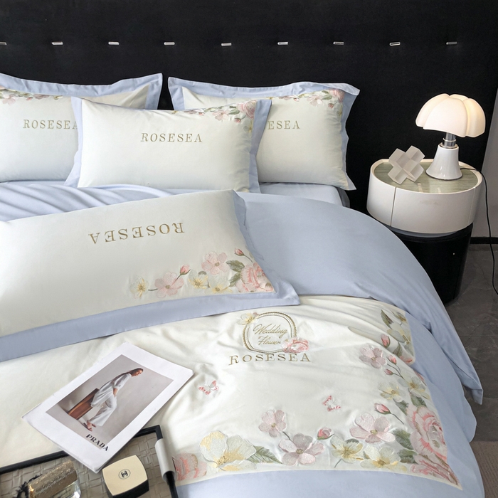 91家纺网 家纺一手货源 找家纺 安妮家居 2023新款舒适亲肤全棉磨毛刺绣四件套-妮莎 妮莎-雅蓝