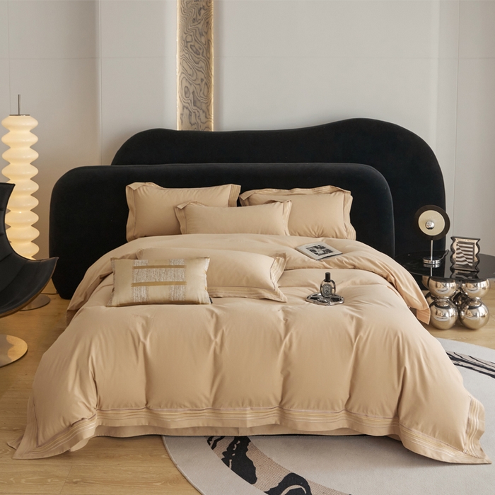 91家纺网 家纺一手货源 找家纺 安妮家居 2023新款全棉轻磨毛刺绣四件套-奥斯汀 香槟金