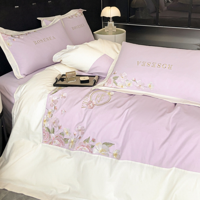 91家纺网 家纺一手货源 找家纺 安妮家居 2023新款舒适亲肤全棉磨毛刺绣四件套-妮莎 妮莎-雅紫