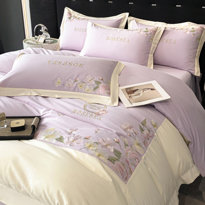 91家纺网 家纺一手货源 找家纺 安妮家居 2023新款舒适亲肤全棉磨毛刺绣四件套-妮莎 妮莎-雅紫