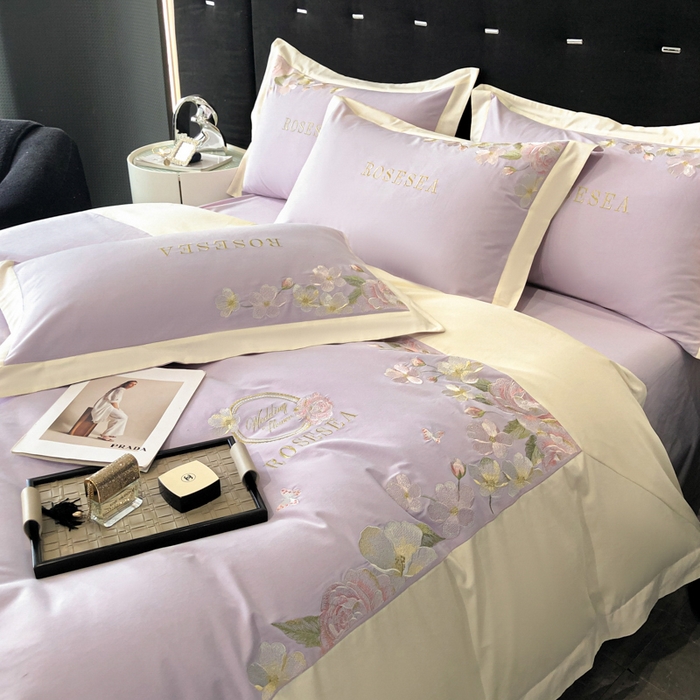 91家纺网 家纺一手货源 找家纺 安妮家居 2023新款舒适亲肤全棉磨毛刺绣四件套-妮莎 妮莎-雅紫