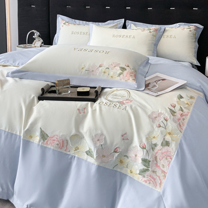 91家纺网 家纺一手货源 找家纺 安妮家居 2023新款舒适亲肤全棉磨毛刺绣四件套-妮莎 妮莎-雅蓝