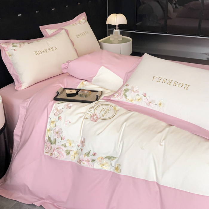 91家纺网 家纺一手货源 找家纺 安妮家居 2023新款舒适亲肤全棉磨毛刺绣四件套-妮莎 妮莎-奶白粉