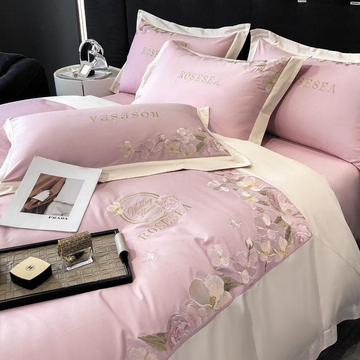 91家纺网 家纺一手货源 找家纺 安妮家居 2023新款舒适亲肤全棉磨毛刺绣四件套-妮莎 妮莎-雅粉