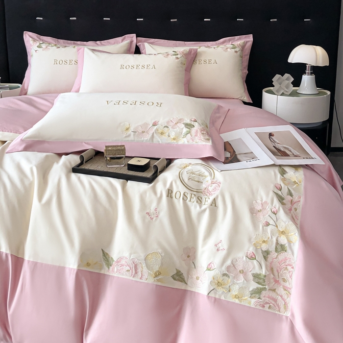 91家纺网 家纺一手货源 找家纺 安妮家居 2023新款舒适亲肤全棉磨毛刺绣四件套-妮莎 妮莎-奶白粉