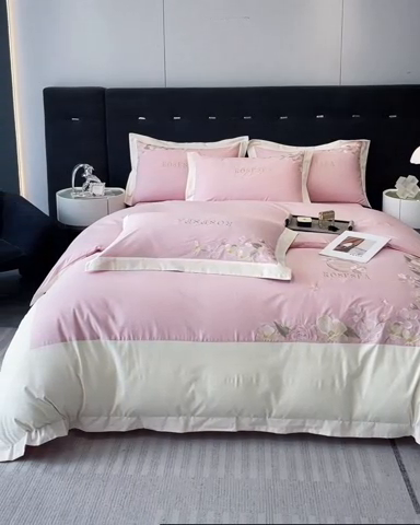 91家纺网 家纺一手货源 找家纺 安妮家居 2023新款舒适亲肤全棉磨毛刺绣四件套-妮莎 妮莎-雅粉