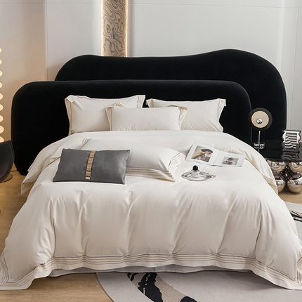 91家纺网 家纺一手货源 找家纺 安妮家居 2023新款全棉轻磨毛刺绣四件套-奥斯汀 奶昔白