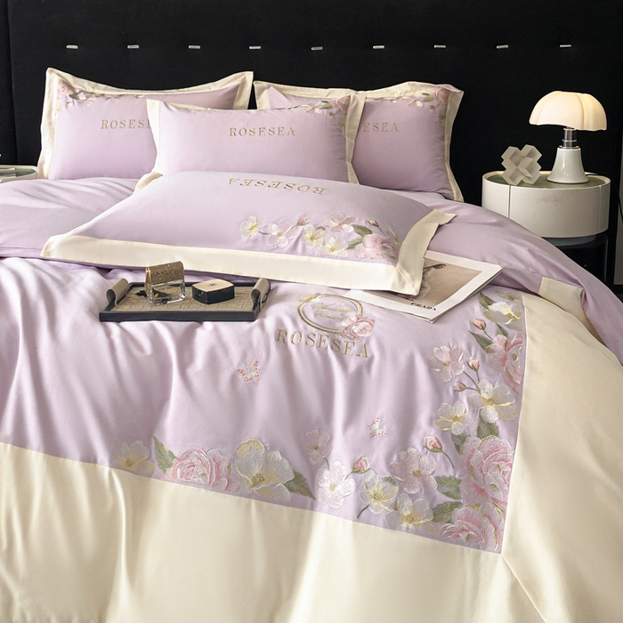 91家纺网 家纺一手货源 找家纺 安妮家居 2023新款舒适亲肤全棉磨毛刺绣四件套-妮莎 妮莎-雅紫