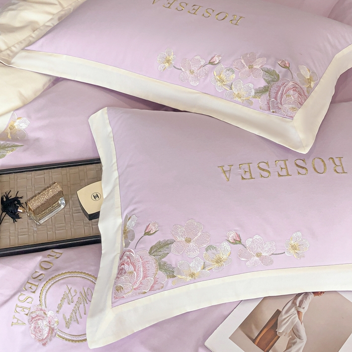 91家纺网 家纺一手货源 找家纺 安妮家居 2023新款舒适亲肤全棉磨毛刺绣四件套-妮莎 妮莎-雅紫