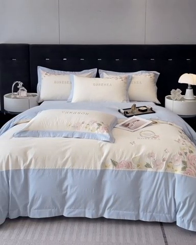 91家纺网 家纺一手货源 找家纺 安妮家居 2023新款舒适亲肤全棉磨毛刺绣四件套-妮莎 妮莎-雅蓝