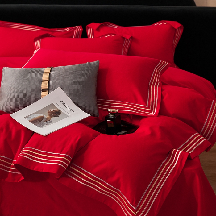 91家纺网 家纺一手货源 找家纺 安妮家居 2023新款全棉轻磨毛刺绣四件套-奥斯汀 富贵红