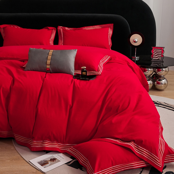 91家纺网 家纺一手货源 找家纺 安妮家居 2023新款全棉轻磨毛刺绣四件套-奥斯汀 富贵红