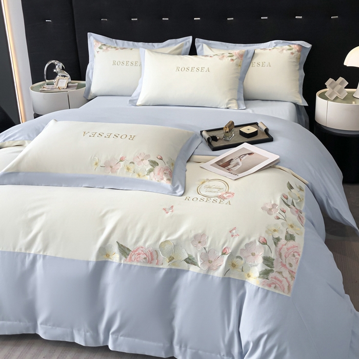 91家纺网 家纺一手货源 找家纺 安妮家居 2023新款舒适亲肤全棉磨毛刺绣四件套-妮莎 妮莎-雅蓝